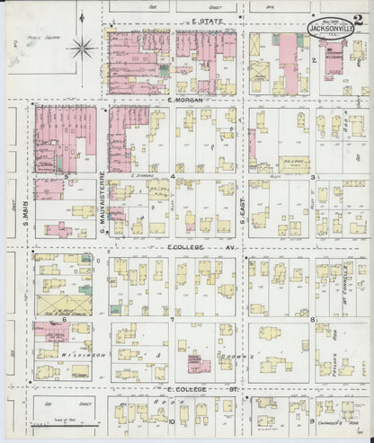 Sanborn Fire Insurance Map from Jacksonville, Morgan County, Illinois (1892), Sheet #0002 - Historic Sanborn Fire Insurance Map Print, vintage old map wall art, antique decor, genealogy gift, Illinois Illinois map