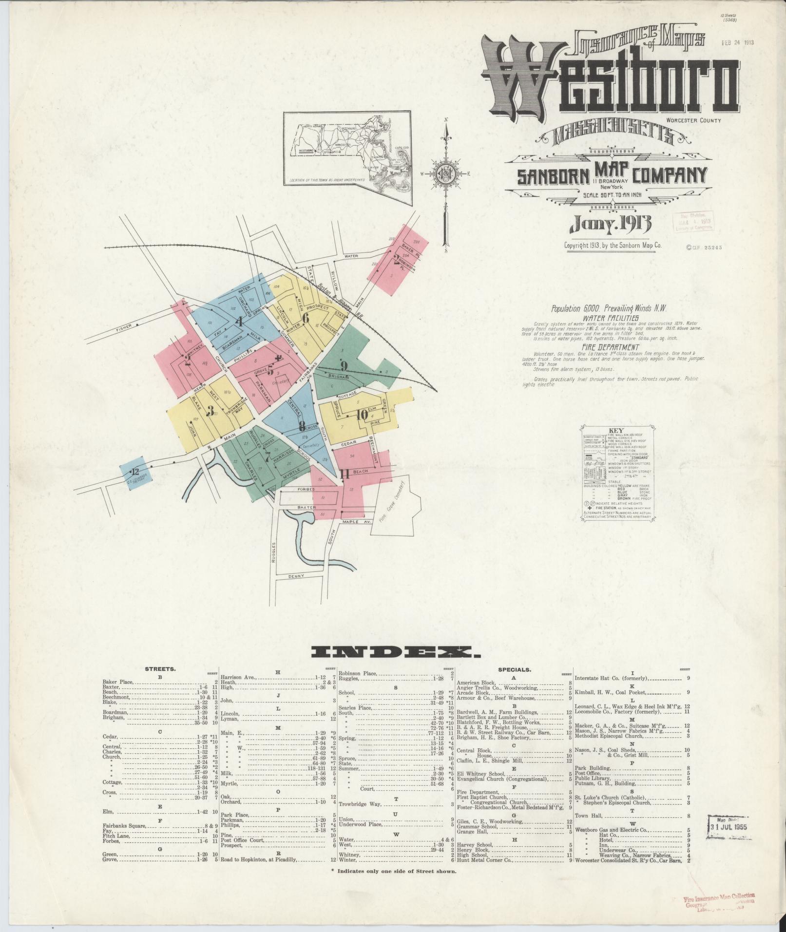 Sanborn Fire Insurance Map from Westboro, Worcester County, Massachusetts (1913), Sheet #0001 - Complete Map Set gallery image, historic Sanborn map, vintage wall art, Massachusetts Massachusetts