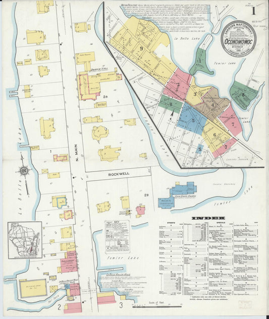 Sanborn Fire Insurance Map from Oconomowoc, Waukesha County, Wisconsin (1915), Sheet #0001 - Complete Map Set gallery image, historic Sanborn map, vintage wall art, Wisconsin Wisconsin