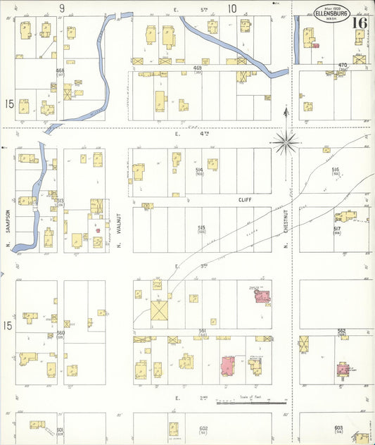 Sanborn Fire Insurance Map from Ellensburg, Kittitas County, Washington (1909), Sheet #0016 - Historic Sanborn Fire Insurance Map Print, vintage old map wall art, antique decor, genealogy gift, Washington Washington map