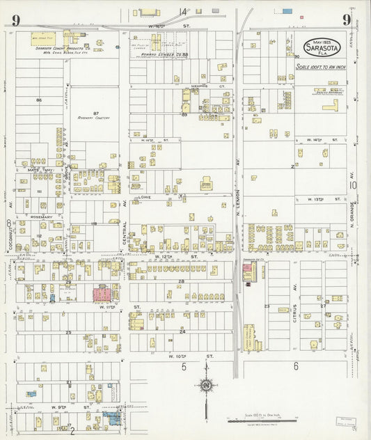 Sanborn Fire Insurance Map from Sarasota, Sarasota County, Florida (1925), Sheet #0009 - Historic Sanborn Fire Insurance Map Print, vintage old map wall art, antique decor, genealogy gift, Florida Florida map