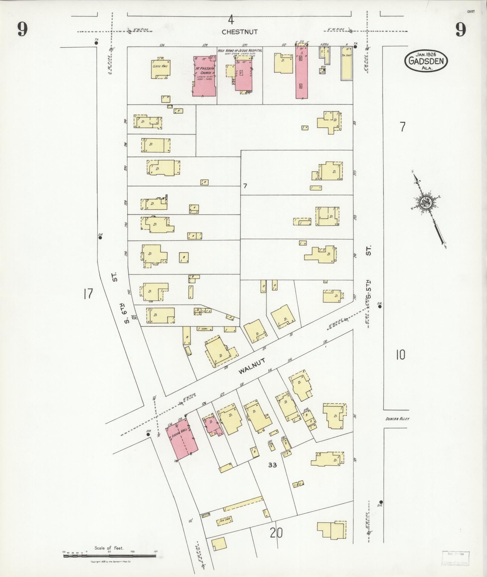Sanborn Fire Insurance Map from Gadsden, Etowah County, Alabama (1926), Sheet #0009 - Complete Map Set gallery image, historic Sanborn map, vintage wall art, Alabama Alabama
