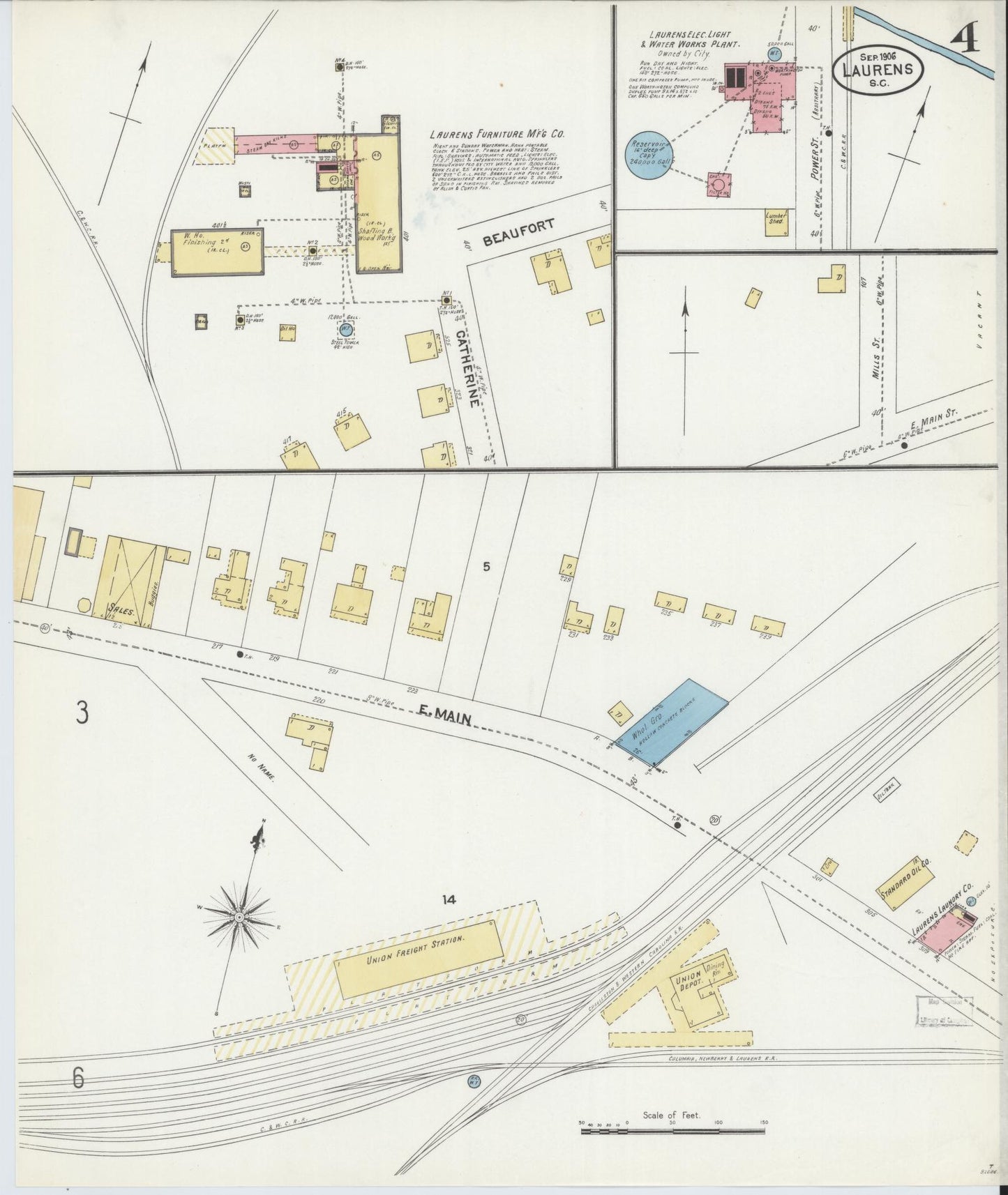 Sanborn Fire Insurance Map from Laurens, Laurens County, South Carolina (1906), Sheet #0004 - Complete Map Set gallery image, historic Sanborn map, vintage wall art, South Carolina South Carolina
