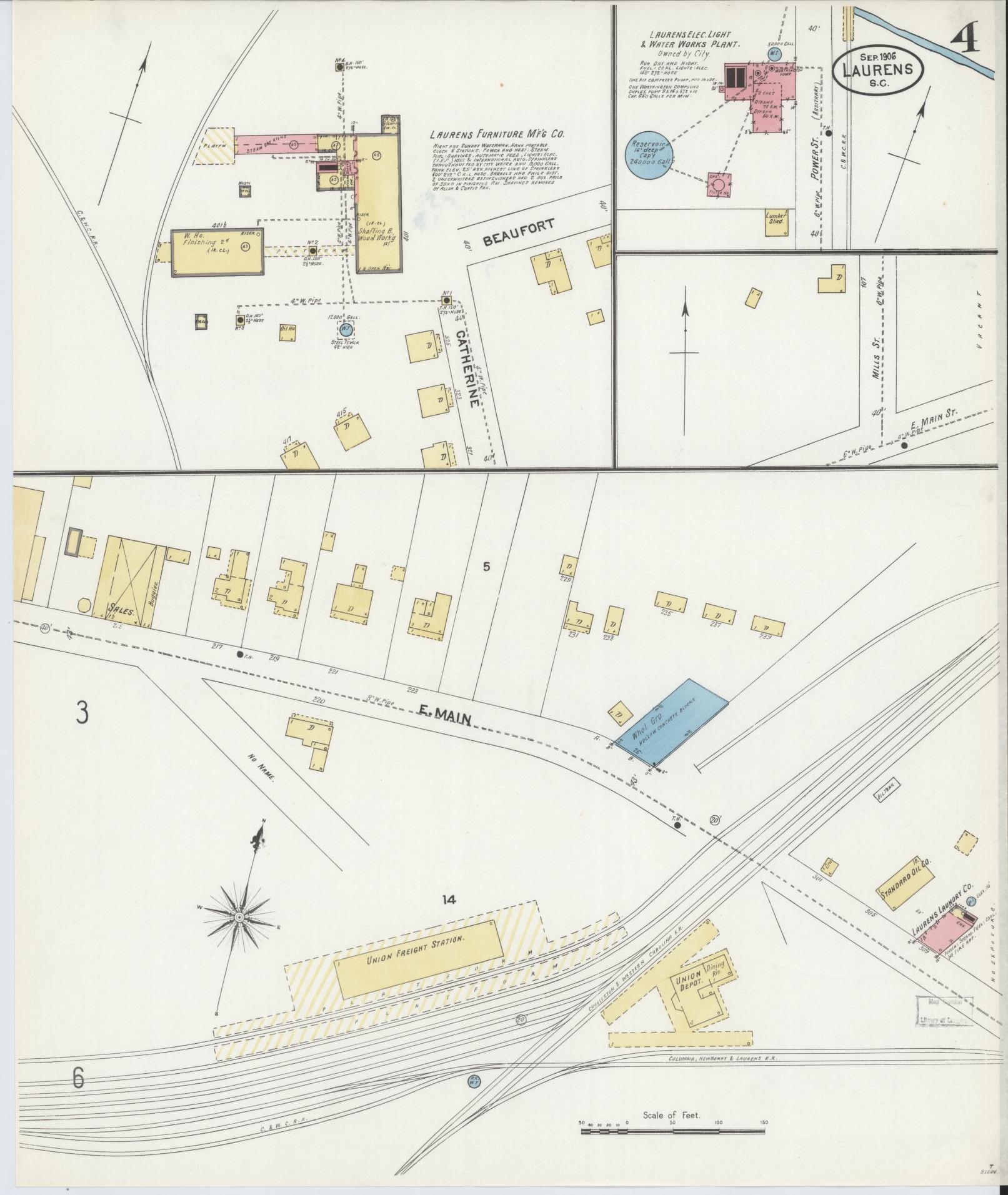 Sanborn Fire Insurance Map from Laurens, Laurens County, South Carolina (1906), Sheet #0004 - Complete Map Set gallery image, historic Sanborn map, vintage wall art, South Carolina South Carolina