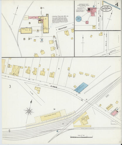 Sanborn Fire Insurance Map from Laurens, Laurens County, South Carolina (1906), Sheet #0004 - Complete Map Set gallery image, historic Sanborn map, vintage wall art, South Carolina South Carolina