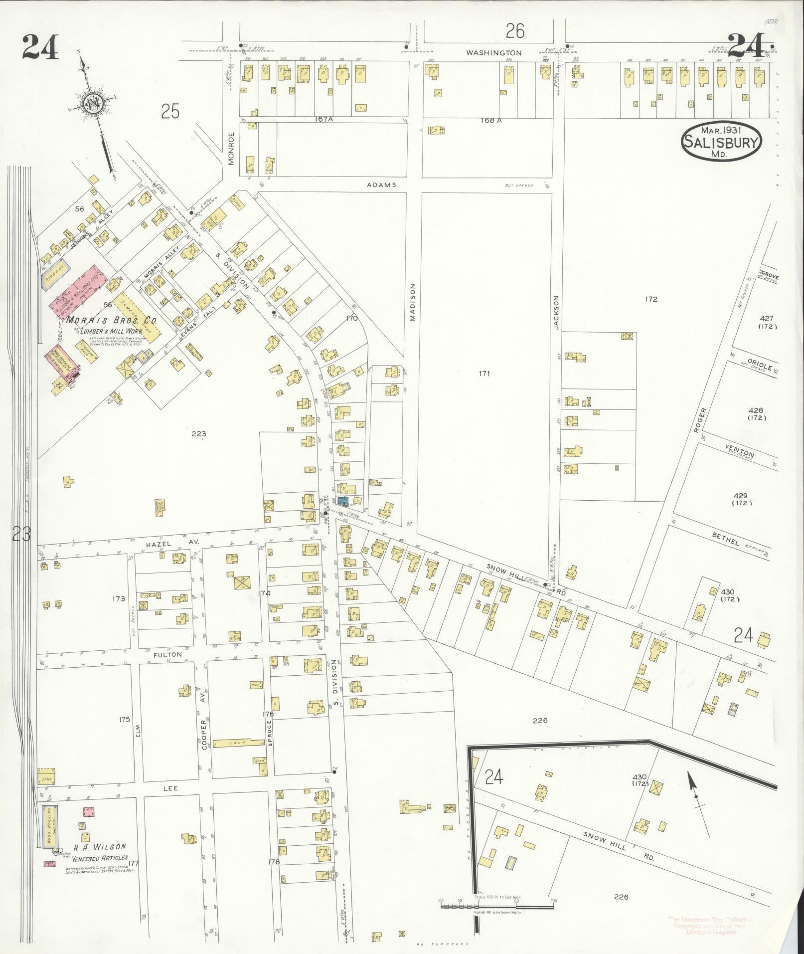 Sanborn Fire Insurance Map from Salisbury, Wicomico County, Maryland (1931), Sheet #0024 - Historic Sanborn Fire Insurance Map Print, vintage old map wall art, antique decor, genealogy gift, Maryland Maryland map