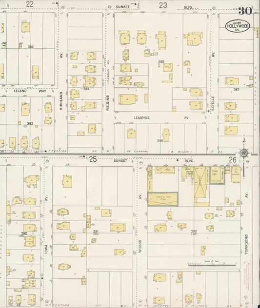 Sanborn Fire Insurance Map from Hollywood, Los Angeles County, California (1913), Sheet #0030 - Historic Sanborn Fire Insurance Map Print, vintage old map wall art, antique decor, genealogy gift, California California map