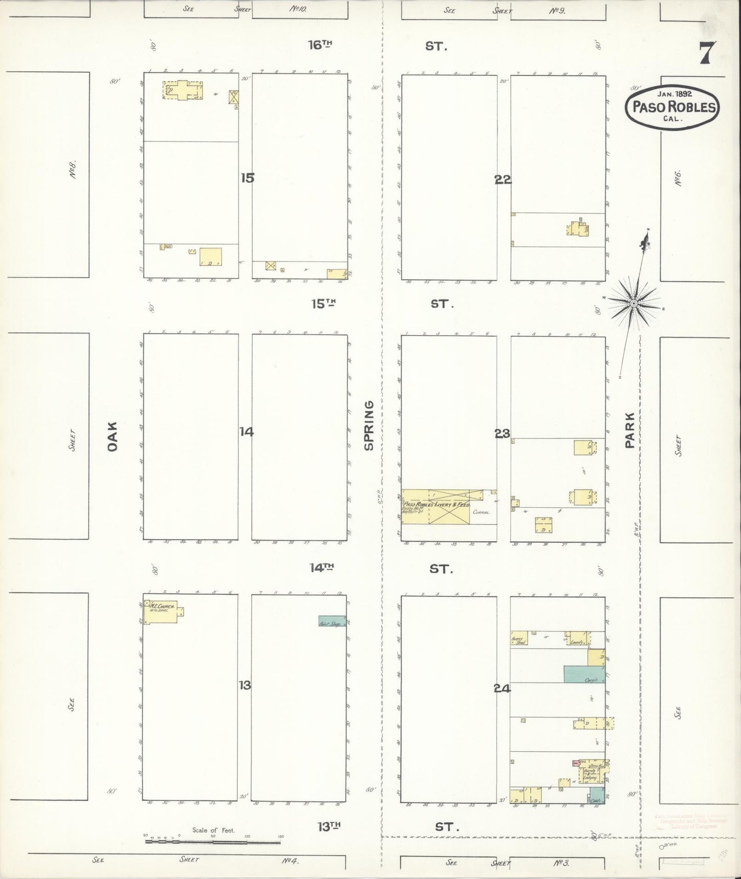Sanborn Fire Insurance Map from Paso Robles, San Luis Obispo County, California (1892), Sheet #0007 - Complete Map Set gallery image, historic Sanborn map, vintage wall art, California California