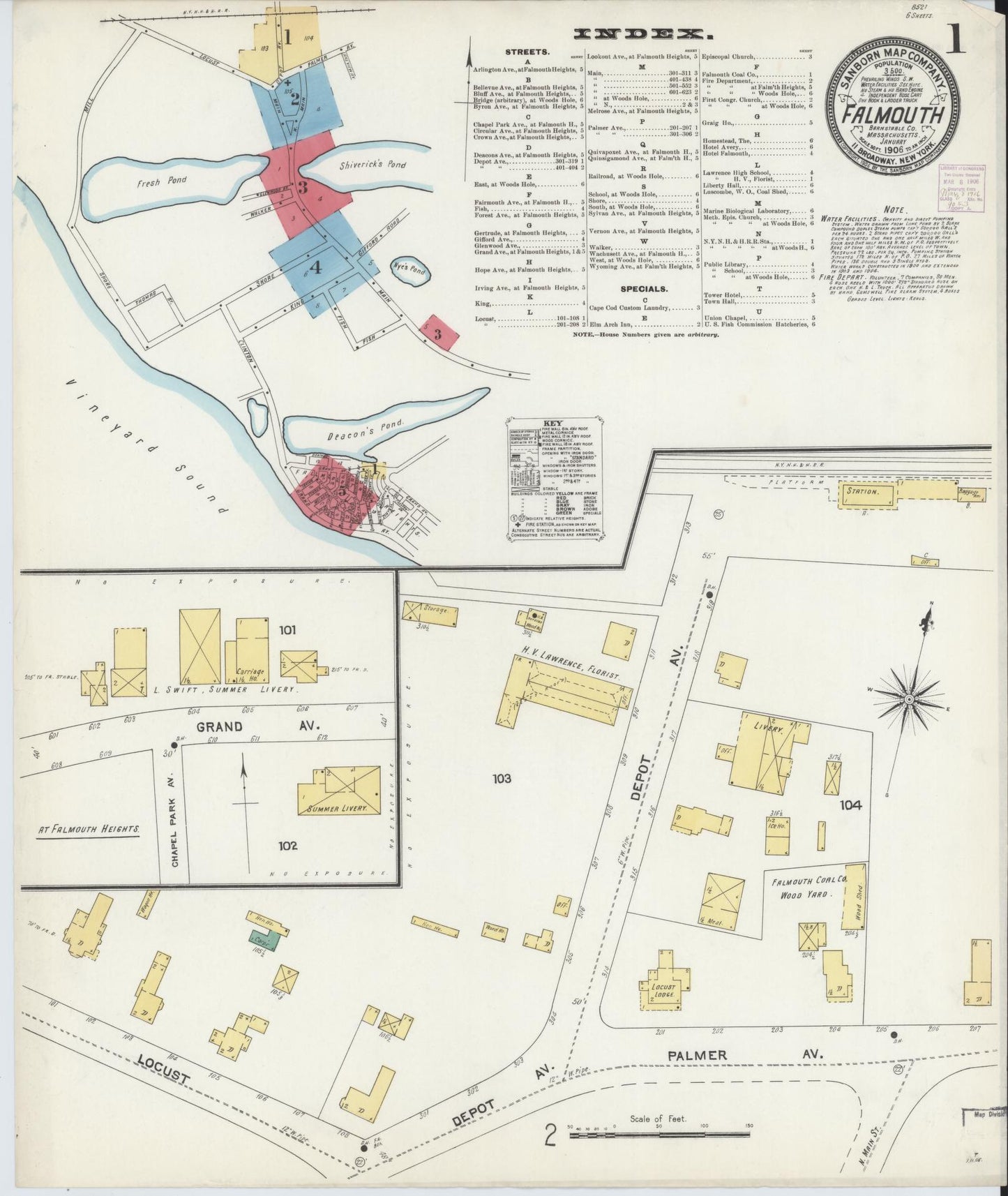 Sanborn Fire Insurance Map from Falmouth, Barnstable County, Massachusetts (1906), Sheet #0001 - Complete Map Set gallery image, historic Sanborn map, vintage wall art, Massachusetts Massachusetts
