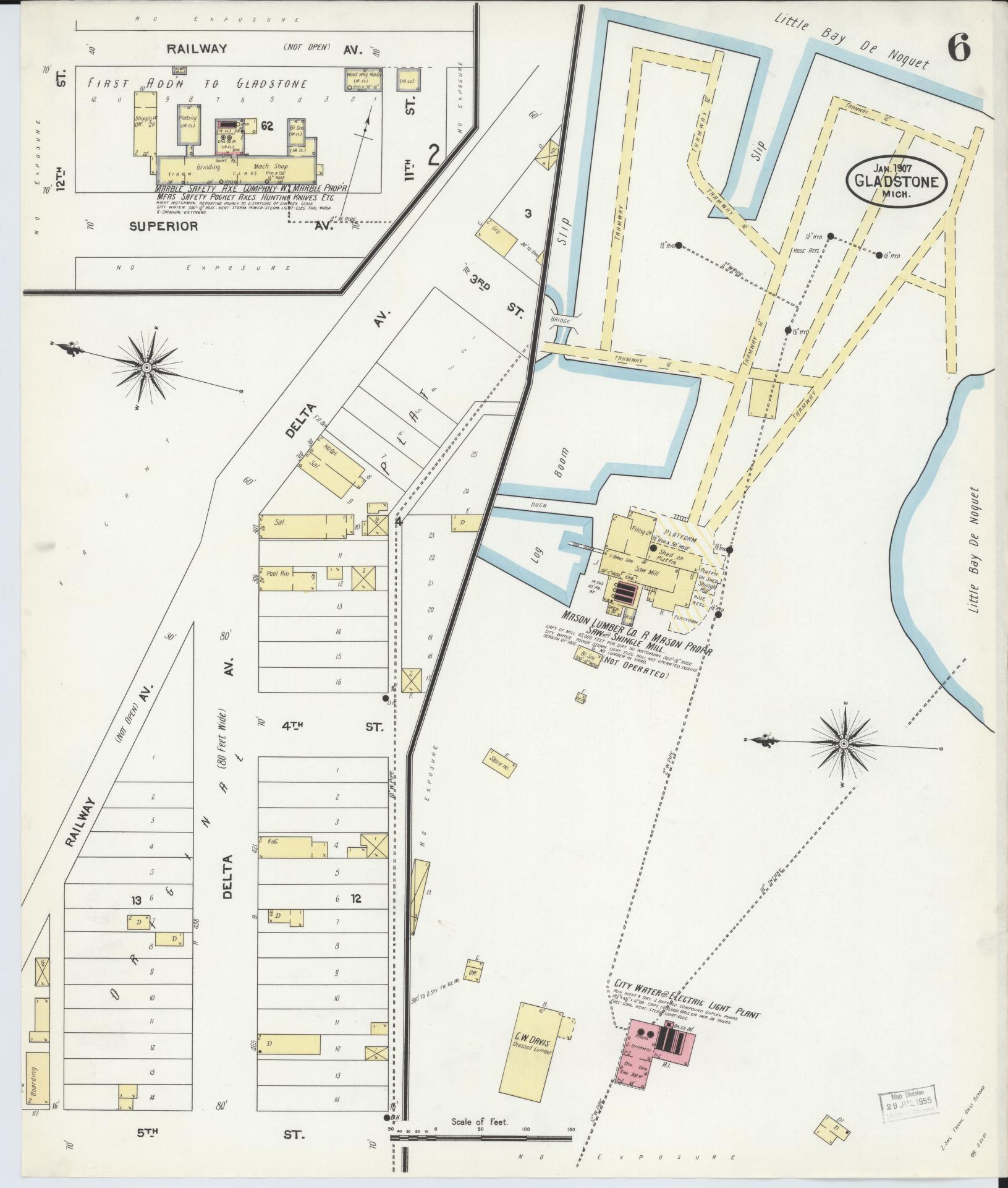 Sanborn Fire Insurance Map from Gladstone, Delta County, Michigan (1907), Sheet #0006 - Historic Sanborn Fire Insurance Map Print, vintage old map wall art, antique decor, genealogy gift, Michigan Michigan map
