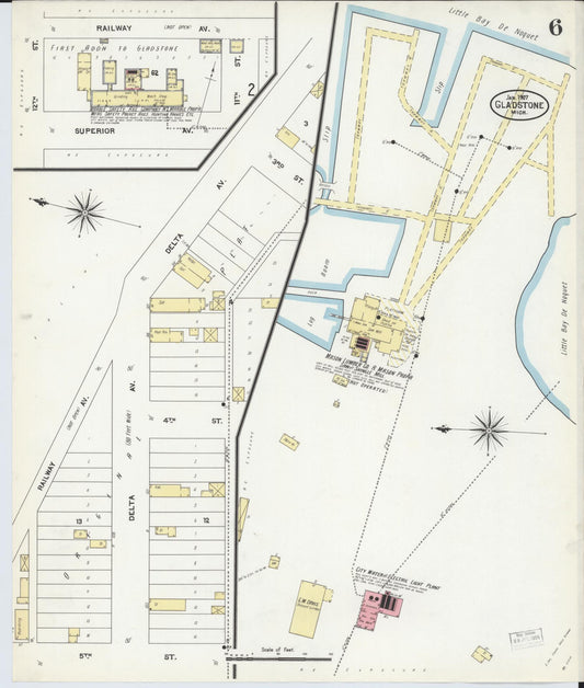Sanborn Fire Insurance Map from Gladstone, Delta County, Michigan (1907), Sheet #0006 - Historic Sanborn Fire Insurance Map Print, vintage old map wall art, antique decor, genealogy gift, Michigan Michigan map