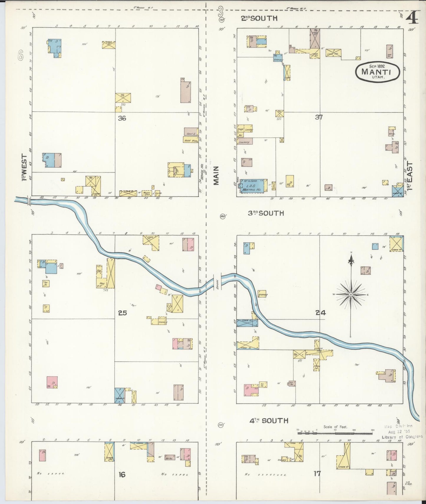 Sanborn Fire Insurance Map from Manti, Sanpete County, Utah (1892), Sheet #0004 - Complete Map Set gallery image, historic Sanborn map, vintage wall art, Utah Utah