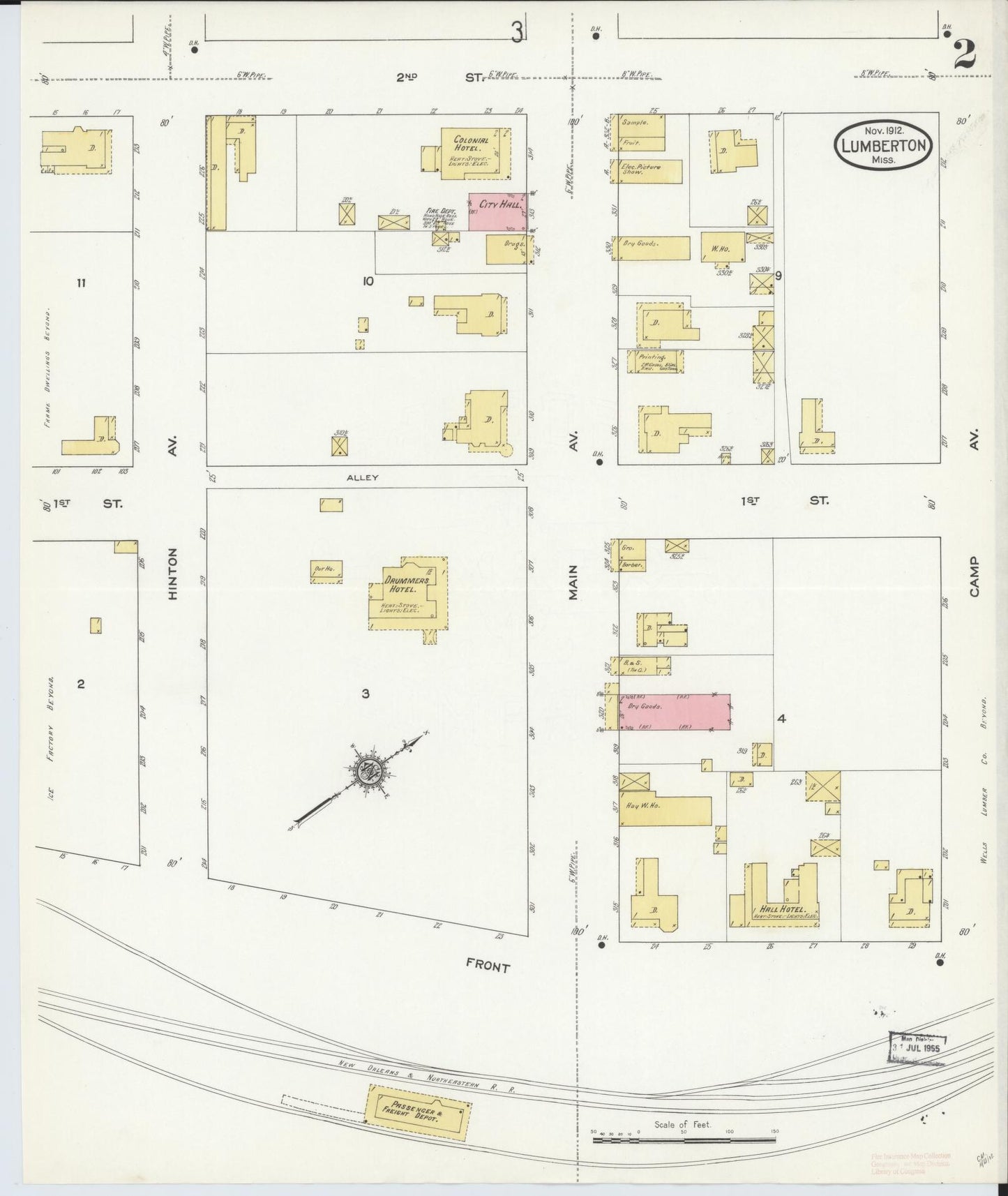 Sanborn Fire Insurance Map from Lumberton, Lamar County, Mississippi (1912), Sheet #0002 - Complete Map Set gallery image, historic Sanborn map, vintage wall art, Mississippi Mississippi