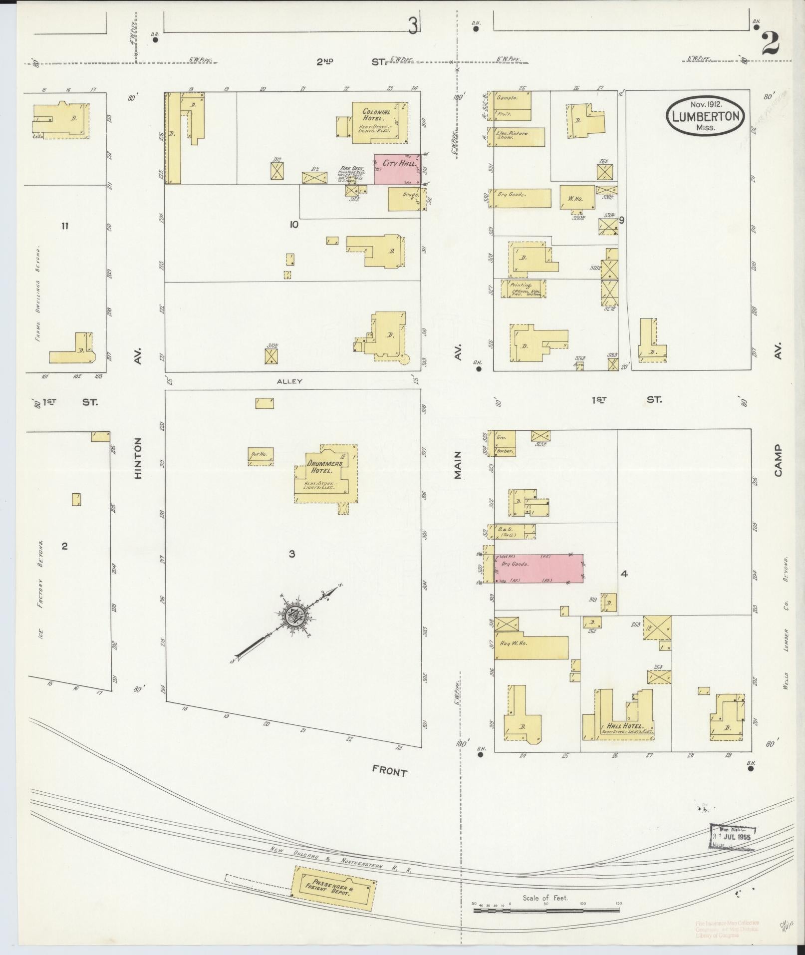 Sanborn Fire Insurance Map from Lumberton, Lamar County, Mississippi (1912), Sheet #0002 - Complete Map Set gallery image, historic Sanborn map, vintage wall art, Mississippi Mississippi