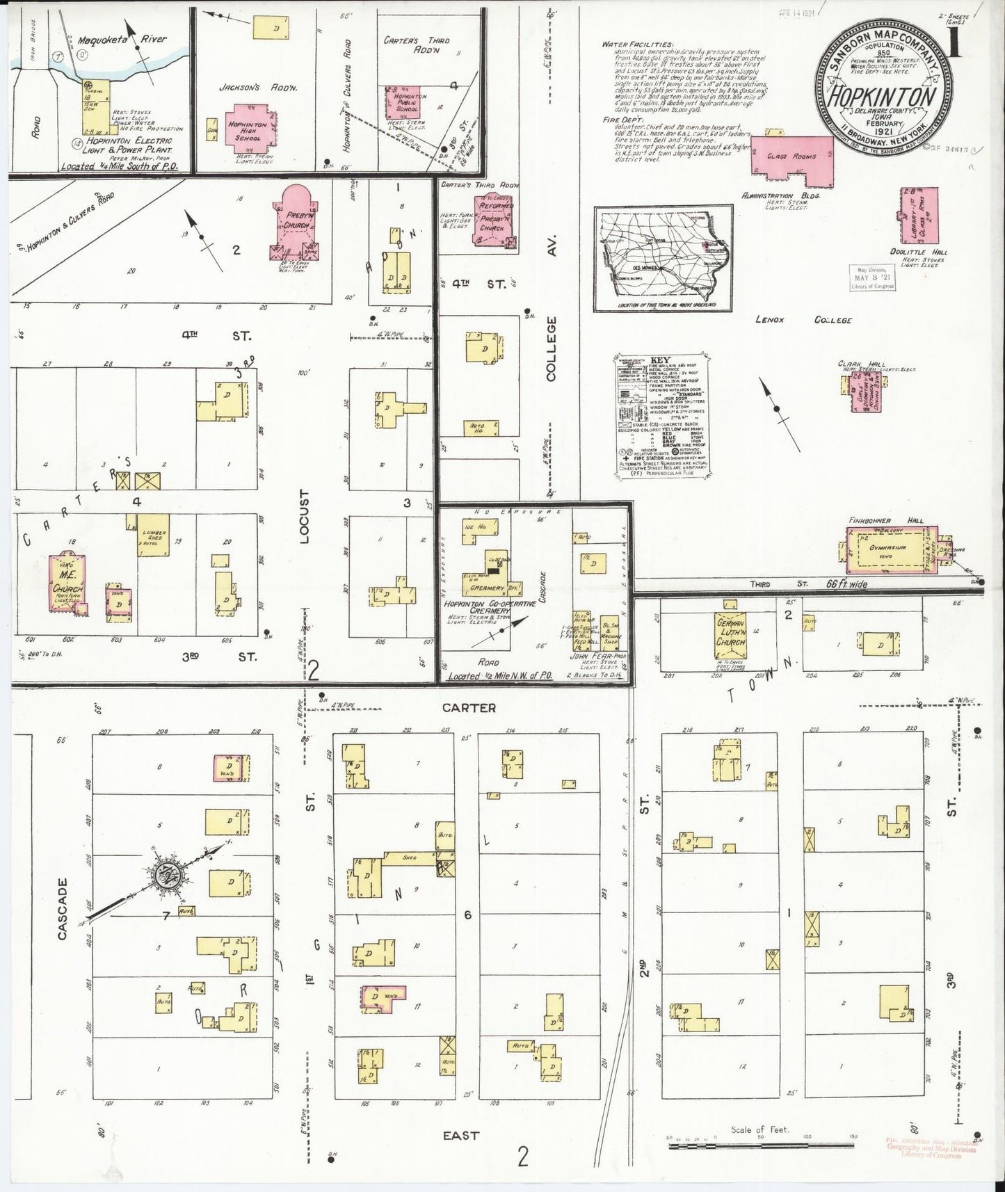 Sanborn Fire Insurance Map from Hopkinton, Delaware County, Iowa (1921), Sheet #0001 - Historic Sanborn Fire Insurance Map Print