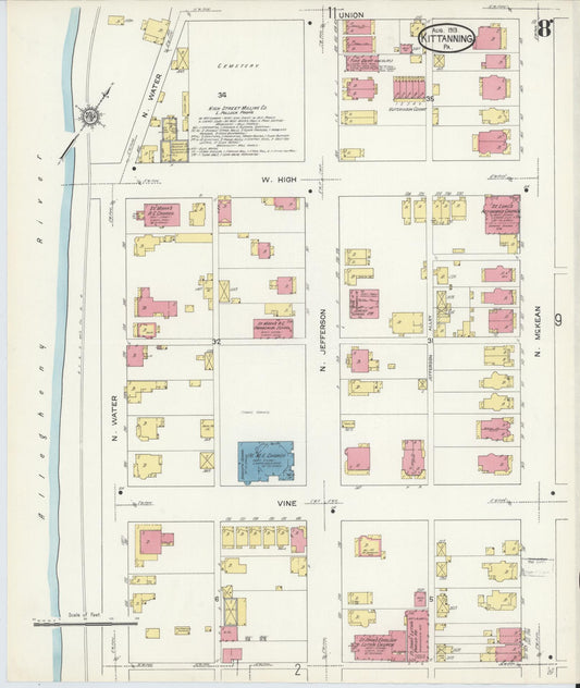 Sanborn Fire Insurance Map from Kittanning, Armstrong County, Pennsylvania (1913), Sheet #0008 - Historic Sanborn Fire Insurance Map Print, vintage old map wall art, antique decor, genealogy gift, Pennsylvania Pennsylvania map