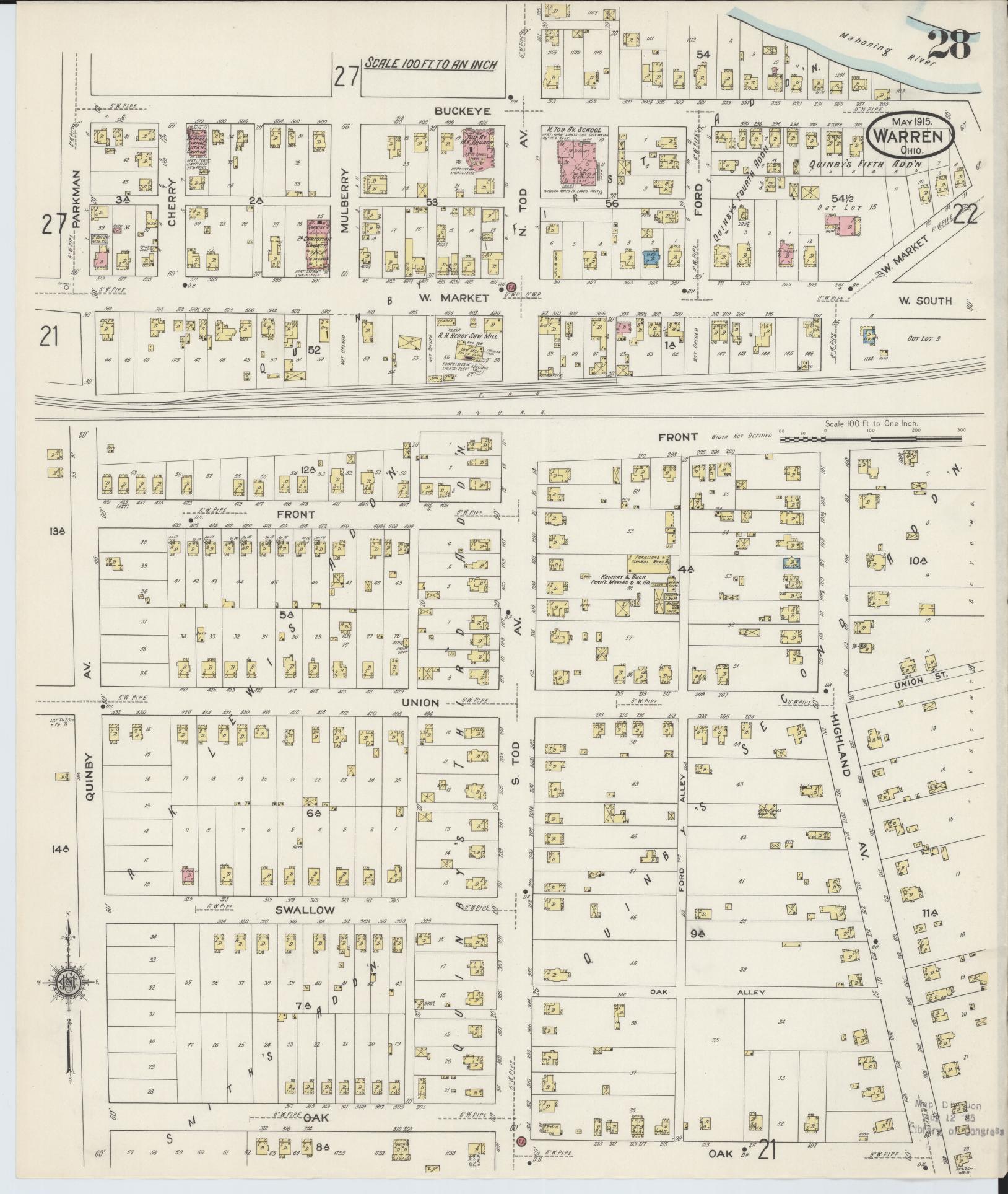 Sanborn Fire Insurance Map from Warren, Trumbull County, Ohio (1915), Sheet #0028 - Complete Map Set gallery image, historic Sanborn map, vintage wall art, Ohio Ohio