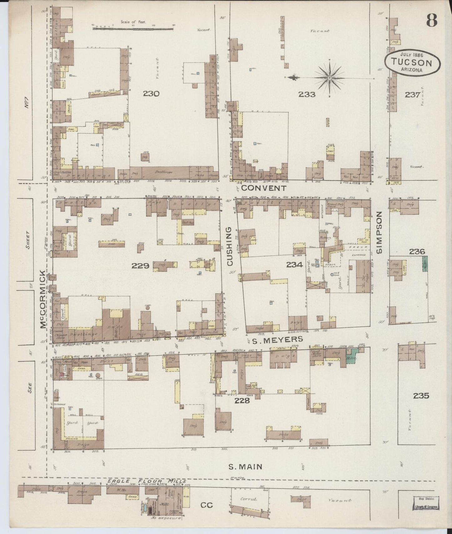 Sanborn Fire Insurance Map from Tucson, Pima County, Arizona (1886), Sheet #0008 - Historic Sanborn Fire Insurance Map Print, vintage old map wall art, antique decor, genealogy gift, Arizona Arizona map