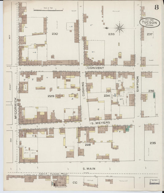 Sanborn Fire Insurance Map from Tucson, Pima County, Arizona (1886), Sheet #0008 - Historic Sanborn Fire Insurance Map Print, vintage old map wall art, antique decor, genealogy gift, Arizona Arizona map