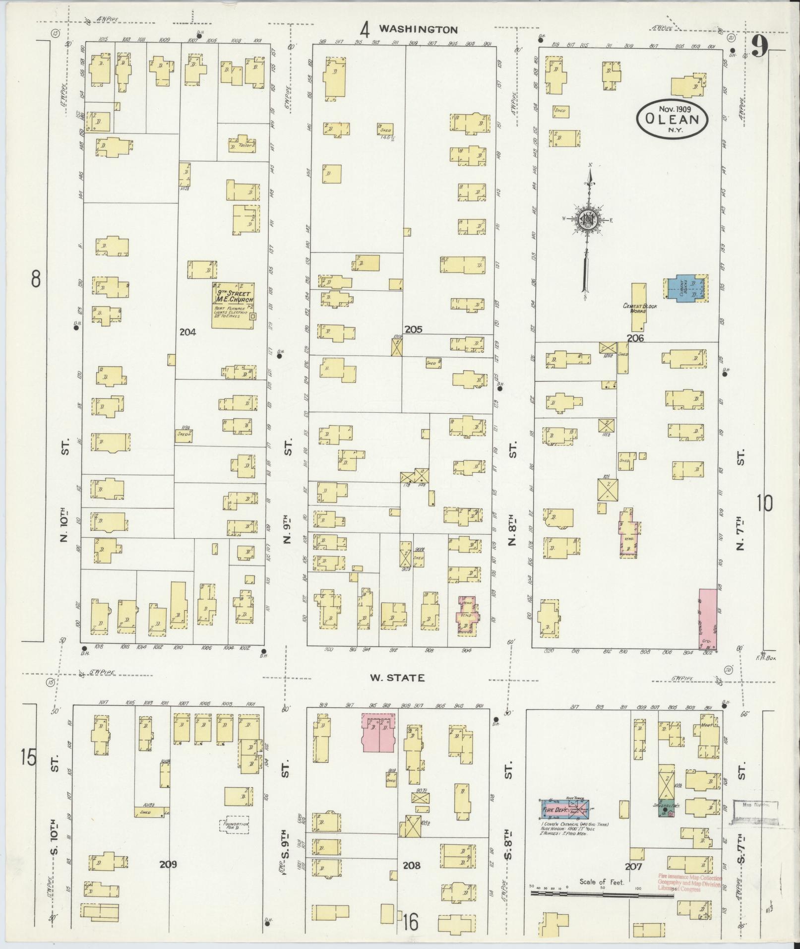 Sanborn Fire Insurance Map from Olean, Cattaraugus County, New York (1909), Sheet #0009 - Complete Map Set gallery image, historic Sanborn map, vintage wall art, New York New York