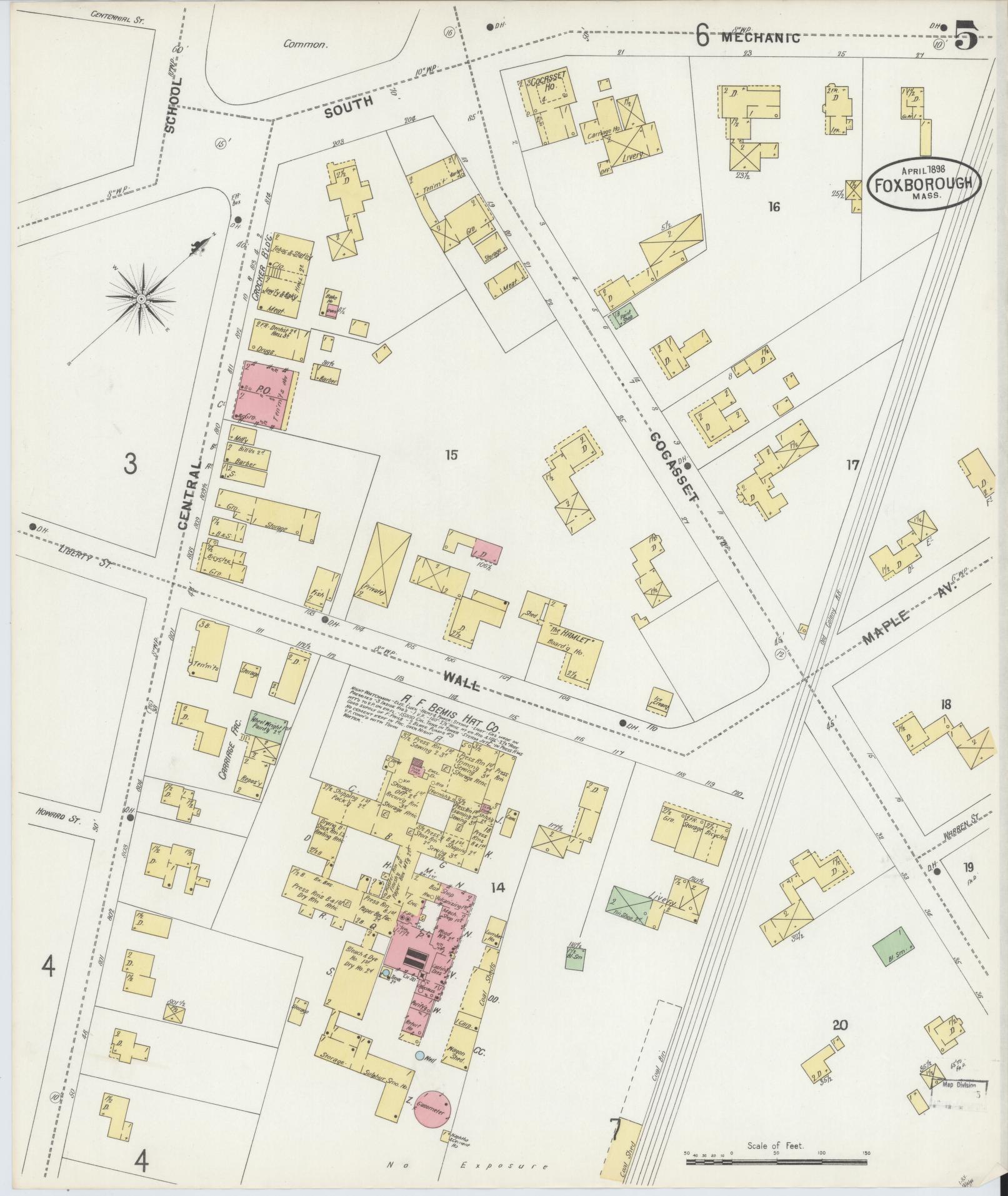 Sanborn Fire Insurance Map from Foxboro, Norfolk County, Massachusetts (1898), Sheet #0005 - Historic Sanborn Fire Insurance Map Print, vintage old map wall art, antique decor, genealogy gift, Massachusetts Massachusetts map