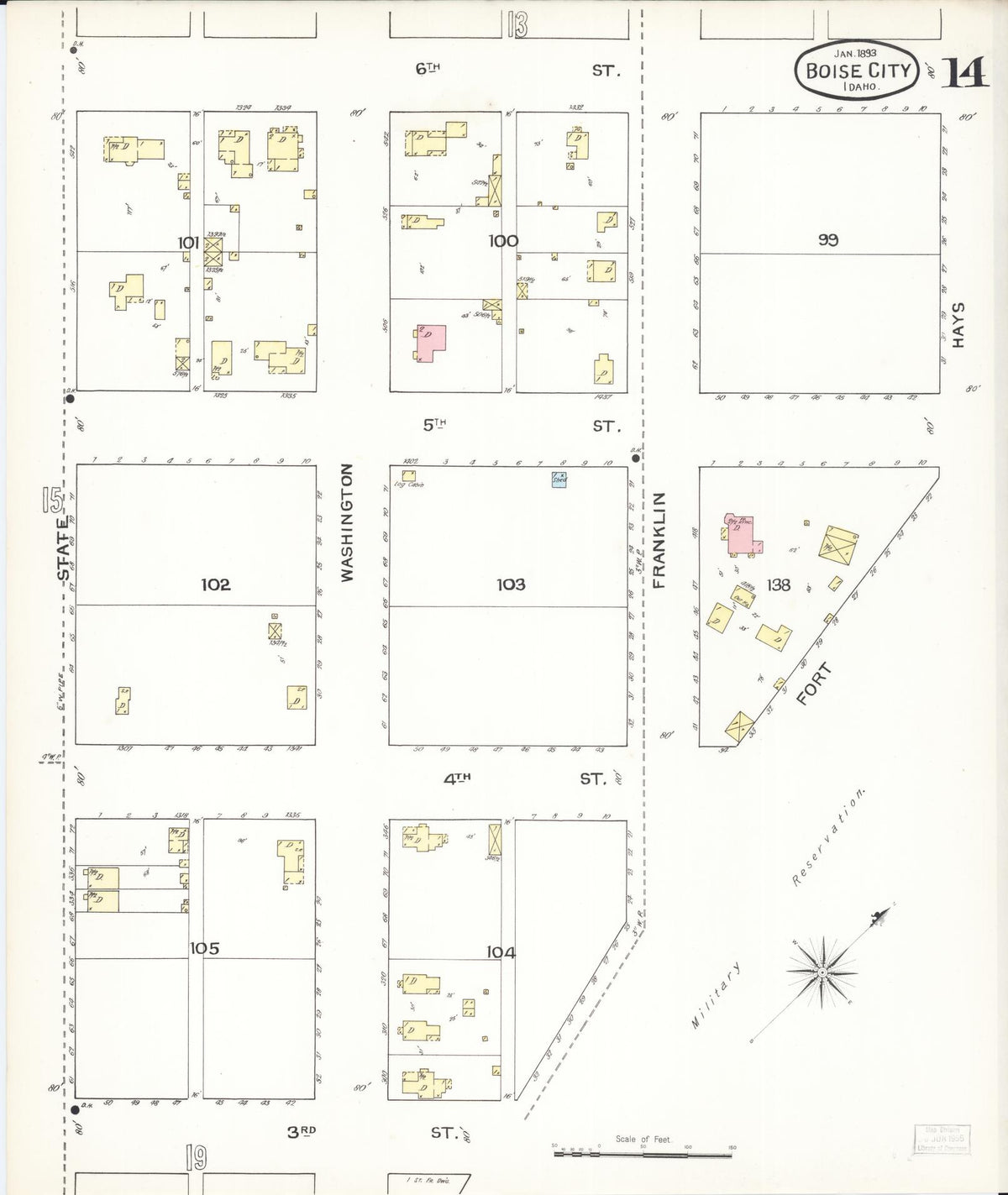 Sanborn Fire Insurance Map from Boise, Ada County, Idaho (1893), Sheet #0014 - Historic Sanborn Fire Insurance Map Print, vintage old map wall art, antique decor, genealogy gift, Idaho Idaho map
