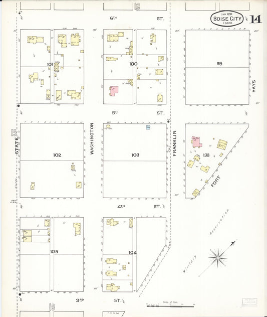 Sanborn Fire Insurance Map from Boise, Ada County, Idaho (1893), Sheet #0014 - Historic Sanborn Fire Insurance Map Print, vintage old map wall art, antique decor, genealogy gift, Idaho Idaho map