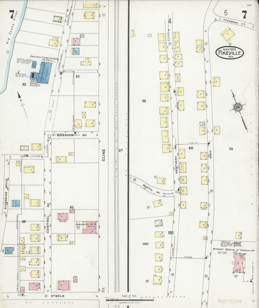 Sanborn Fire Insurance Map from Pikeville, Pike County, Kentucky (1925), Sheet #0007 - Historic Sanborn Fire Insurance Map Print, vintage old map wall art, antique decor, genealogy gift, Kentucky Kentucky map