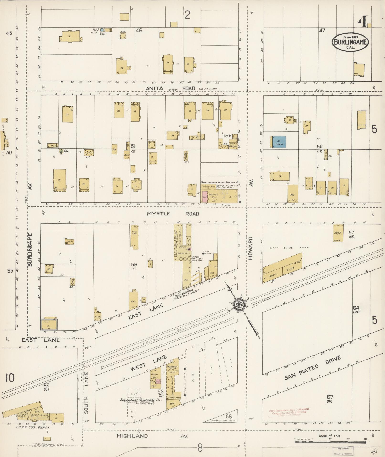 Sanborn Fire Insurance Map from Burlingame, San Mateo County, California (1913), Sheet #0004 - Complete Map Set gallery image, historic Sanborn map, vintage wall art, California California