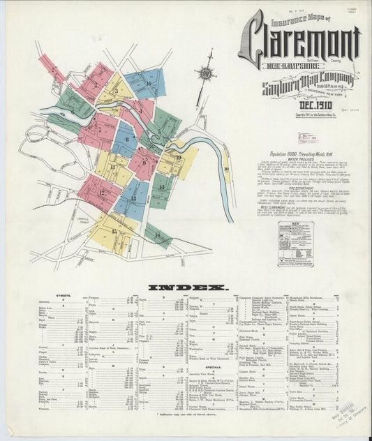 Sanborn Fire Insurance Map from Claremont, Sullivan County, New Hampshire (1910), Sheet #0001 - Historic Sanborn Fire Insurance Map Print, vintage old map wall art, antique decor, genealogy gift, New Hampshire New Hampshire map