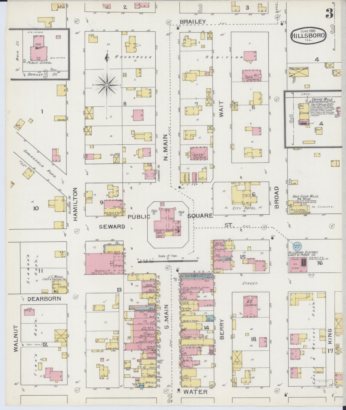 Sanborn Fire Insurance Map from Hillsboro, Montgomery County, Illinois (1893), Sheet #0003 - Complete Map Set gallery image, historic Sanborn map, vintage wall art, Illinois Illinois
