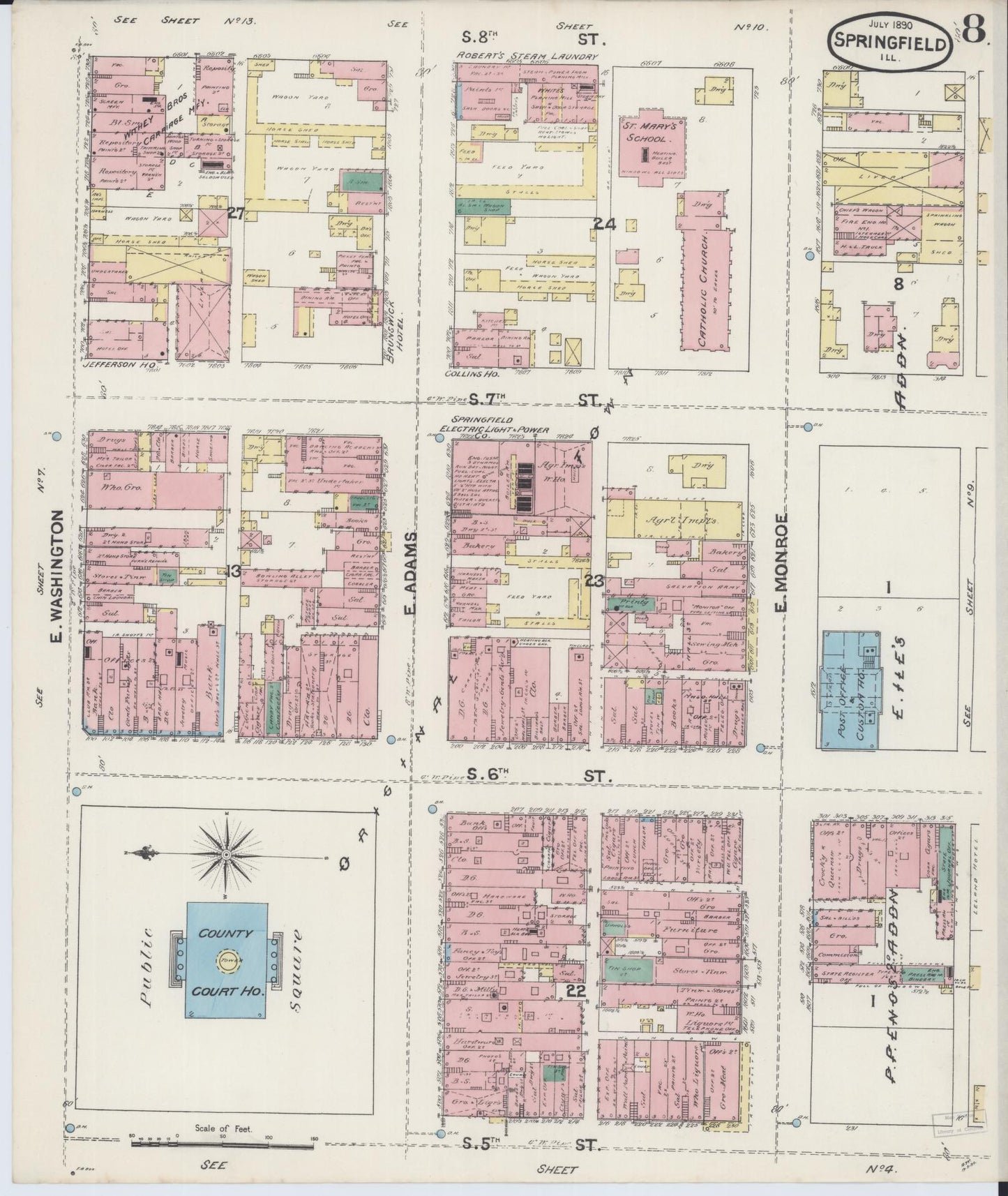 Sanborn Fire Insurance Map from Springfield, Sangamon County, Illinois (1890), Sheet #0008 - Historic Sanborn Fire Insurance Map Print, vintage old map wall art, antique decor, genealogy gift, Illinois Illinois map