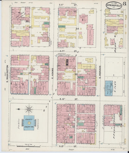 Sanborn Fire Insurance Map from Springfield, Sangamon County, Illinois (1890), Sheet #0008 - Historic Sanborn Fire Insurance Map Print, vintage old map wall art, antique decor, genealogy gift, Illinois Illinois map