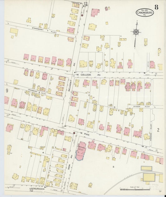 Sanborn Fire Insurance Map from Canonsburg, Washington County, Pennsylvania (1913), Sheet #0008 - Historic Sanborn Fire Insurance Map Print, vintage old map wall art, antique decor, genealogy gift, Pennsylvania Pennsylvania map
