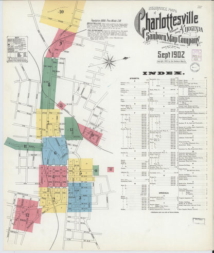 Sanborn Fire Insurance Map from Charlottesville, Independent Cities, Virginia (1902), Sheet #0001 - Complete Map Set gallery image, historic Sanborn map, vintage wall art, Virginia Virginia