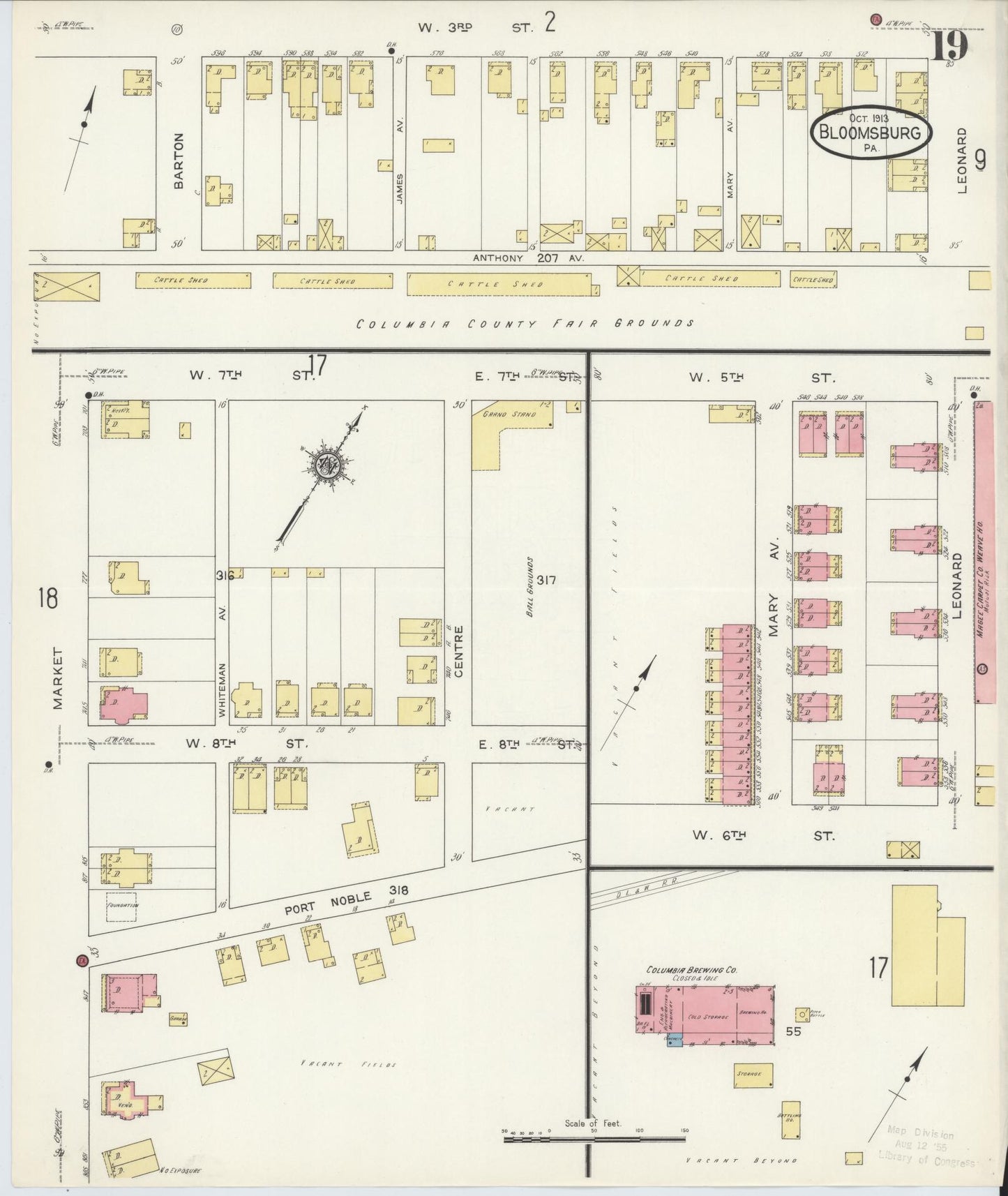 Sanborn Fire Insurance Map from Bloomsburg, Columbia County, Pennsylvania (1913), Sheet #0019 - Historic Sanborn Fire Insurance Map Print, vintage old map wall art, antique decor, genealogy gift, Pennsylvania Pennsylvania map