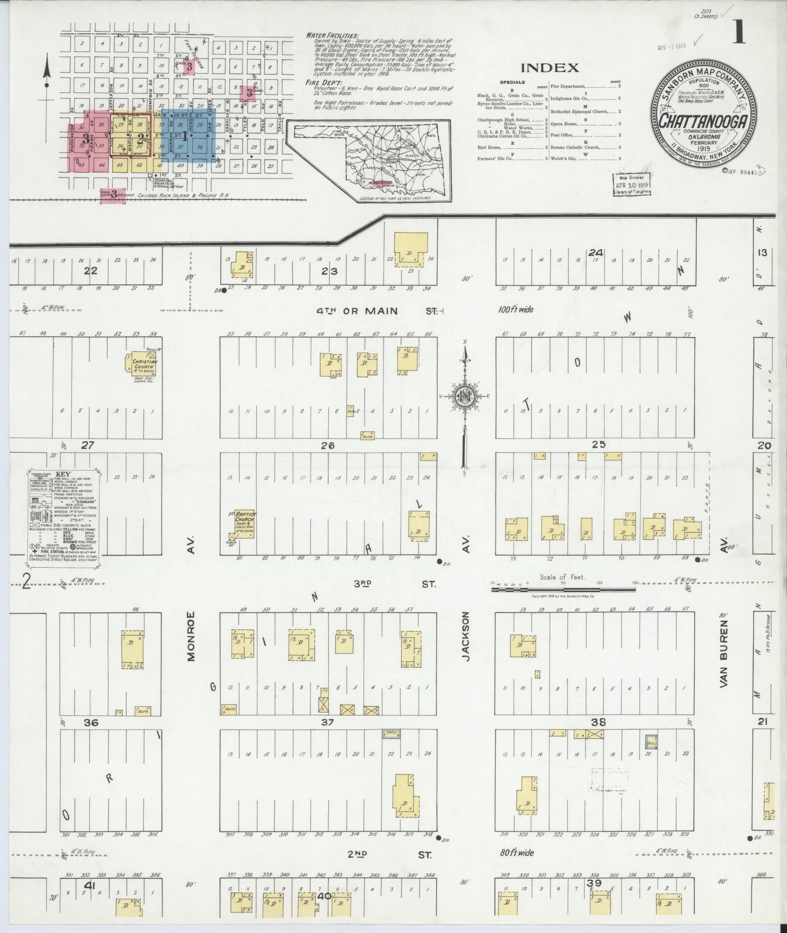 Sanborn Fire Insurance Map from Chattanooga, Comanche County, Oklahoma (1919), Sheet #0001 - Historic Sanborn Fire Insurance Map Print, vintage old map wall art, antique decor, genealogy gift, Oklahoma Oklahoma map