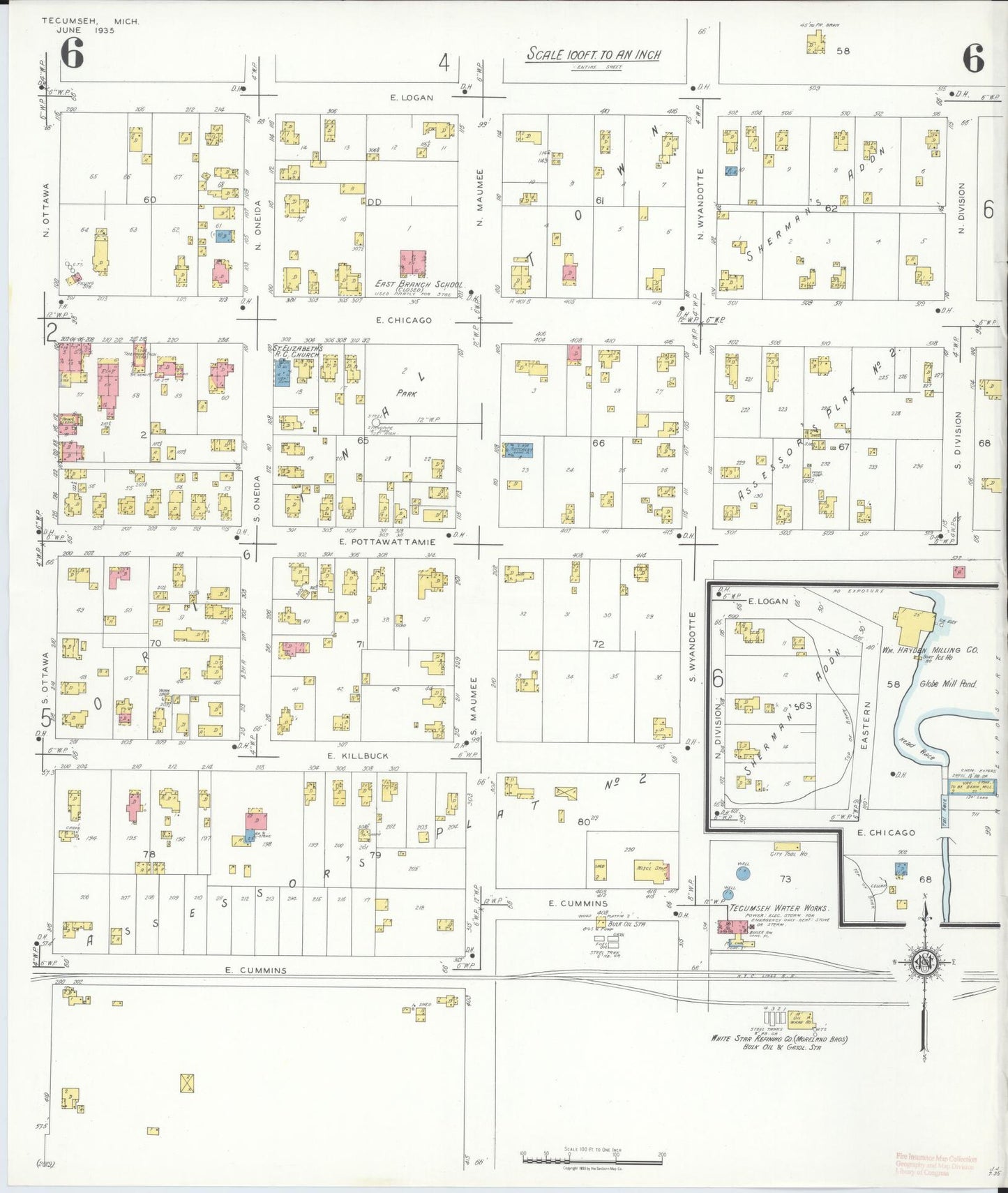 Sanborn Fire Insurance Map from Tecumseh, Lenawee County, Michigan (1935), Sheet #0006 - Historic Sanborn Fire Insurance Map Print, vintage old map wall art, antique decor, genealogy gift, Michigan Michigan map