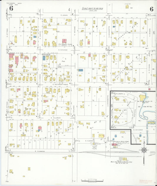 Sanborn Fire Insurance Map from Tecumseh, Lenawee County, Michigan (1935), Sheet #0006 - Historic Sanborn Fire Insurance Map Print, vintage old map wall art, antique decor, genealogy gift, Michigan Michigan map