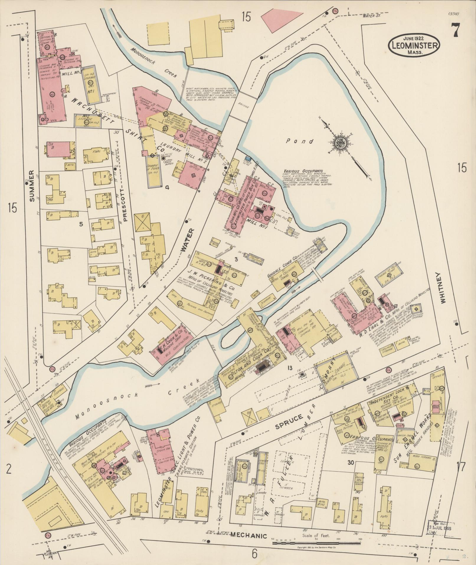 Sanborn Fire Insurance Map from Leominster, Worcester County, Massachusetts (1922), Sheet #0007 - Historic Sanborn Fire Insurance Map Print, vintage old map wall art, antique decor, genealogy gift, Massachusetts Massachusetts map
