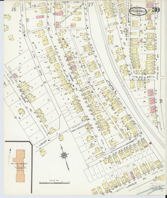Sanborn Fire Insurance Map from Steubenville, Jefferson County, Ohio (1913), Sheet #0030 - Historic Sanborn Fire Insurance Map Print, vintage old map wall art, antique decor, genealogy gift, Ohio Ohio map