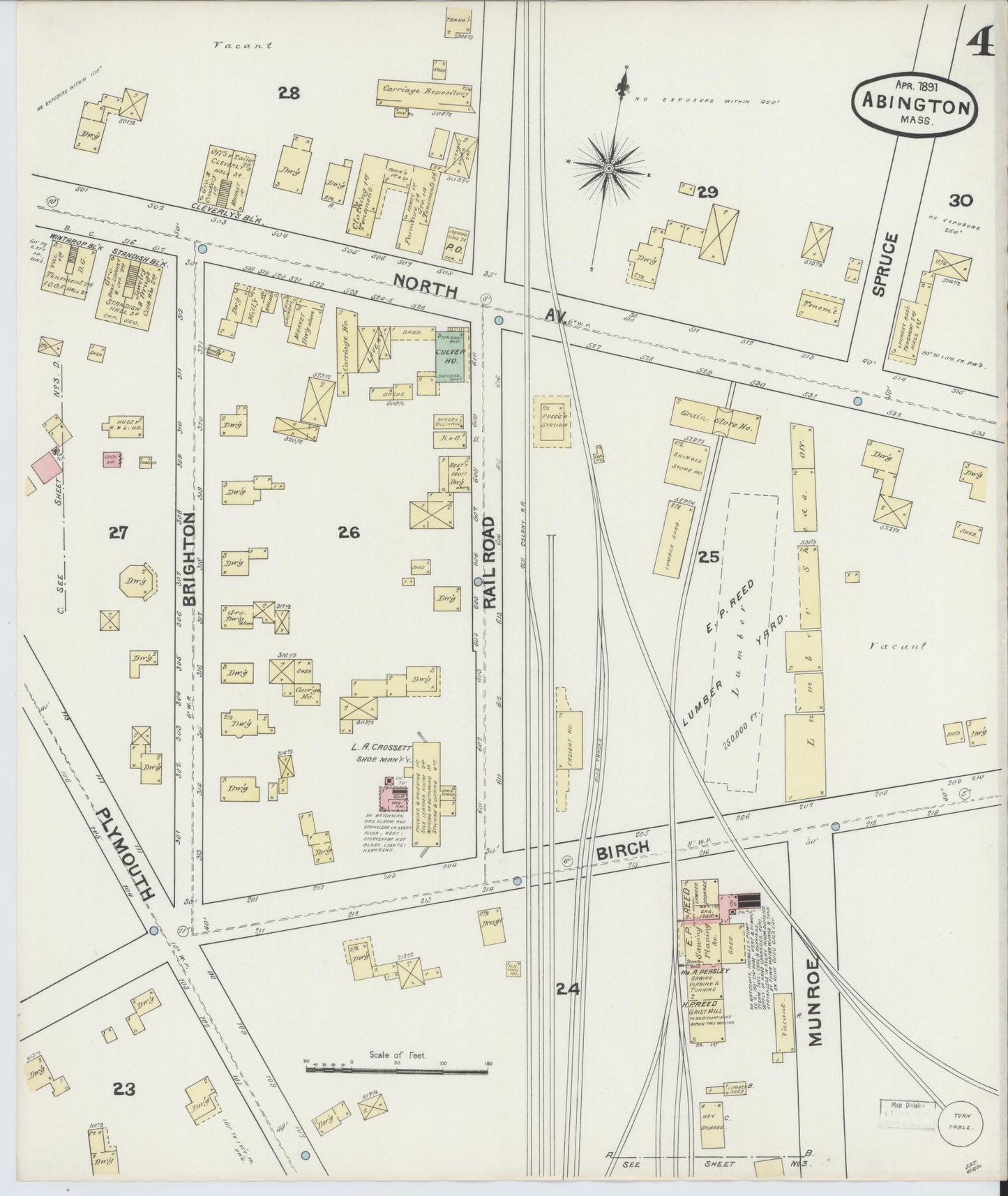 Sanborn Fire Insurance Map from Abington, Plymouth County, Massachusetts (1891), Sheet #0004 - Complete Map Set gallery image, historic Sanborn map, vintage wall art, Massachusetts Massachusetts