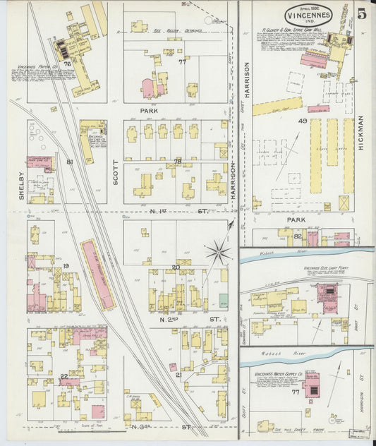 Sanborn Fire Insurance Map from Vincennes, Knox County, Indiana (1892), Sheet #0005 - Historic Sanborn Fire Insurance Map Print, vintage old map wall art, antique decor, genealogy gift, Indiana Indiana map