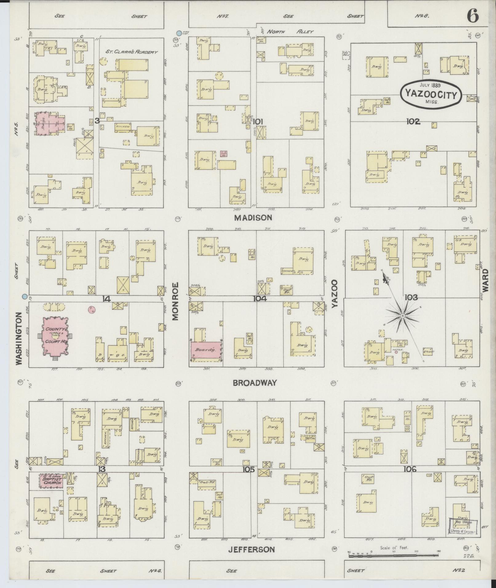 Sanborn Fire Insurance Map from Yazoo City, Yazoo County, Mississippi (1889), Sheet #0006 - Historic Sanborn Fire Insurance Map Print, vintage old map wall art, antique decor, genealogy gift, Mississippi Mississippi map