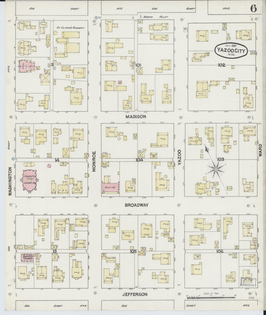 Sanborn Fire Insurance Map from Yazoo City, Yazoo County, Mississippi (1889), Sheet #0006 - Historic Sanborn Fire Insurance Map Print, vintage old map wall art, antique decor, genealogy gift, Mississippi Mississippi map