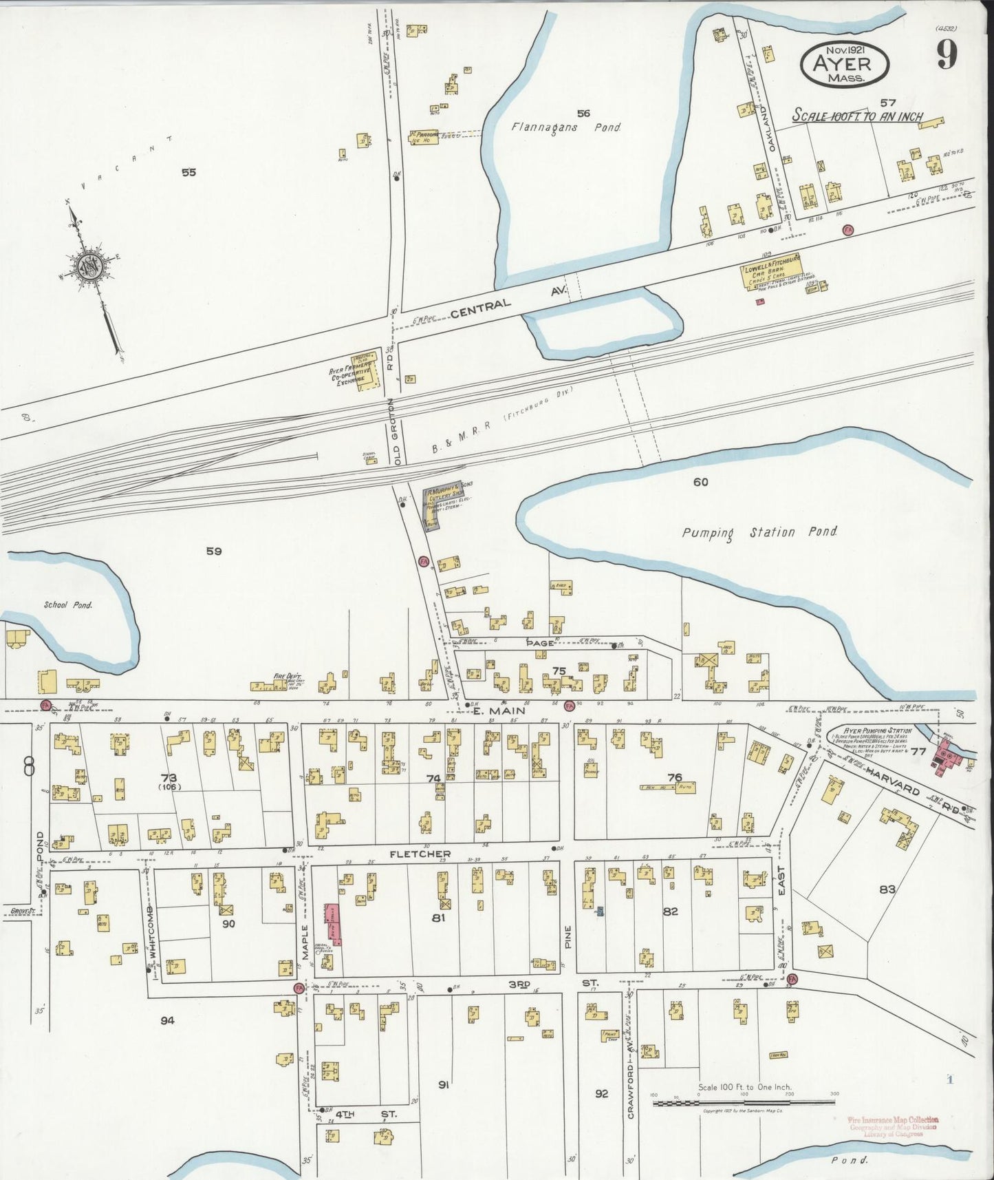 Sanborn Fire Insurance Map from Ayer, Middlesex County, Massachusetts (1921), Sheet #0009 - Historic Sanborn Fire Insurance Map Print, vintage old map wall art, antique decor, genealogy gift, Massachusetts Massachusetts map