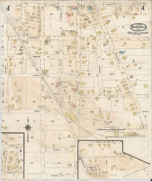 Sanborn Fire Insurance Map from Brooksville, Hernando County, Florida (1945), Sheet #0004 - Historic Sanborn Fire Insurance Map Print, vintage old map wall art, antique decor, genealogy gift, Florida Florida map