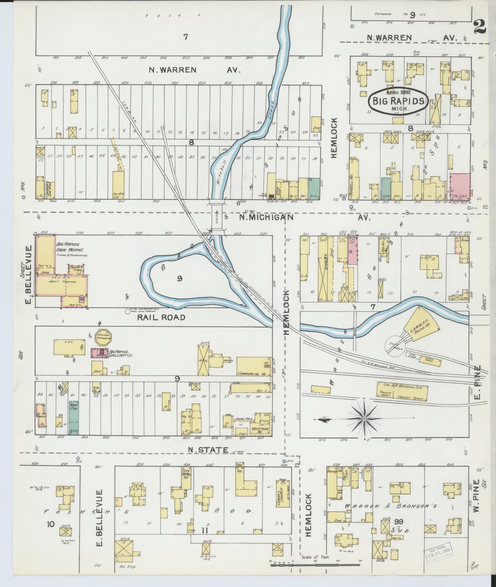 Sanborn Fire Insurance Map from Big Rapids, Mecosta County, Michigan (1892), Sheet #0002 - Historic Sanborn Fire Insurance Map Print, vintage old map wall art, antique decor, genealogy gift, Michigan Michigan map