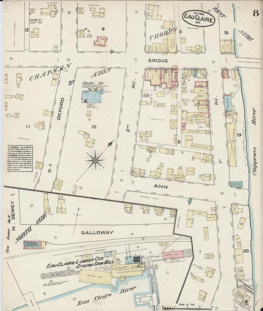 Sanborn Fire Insurance Map from Eau Claire, Eau Claire County, Wisconsin (1883), Sheet #0008 - Historic Sanborn Fire Insurance Map Print, vintage old map wall art, antique decor, genealogy gift, Wisconsin Wisconsin map