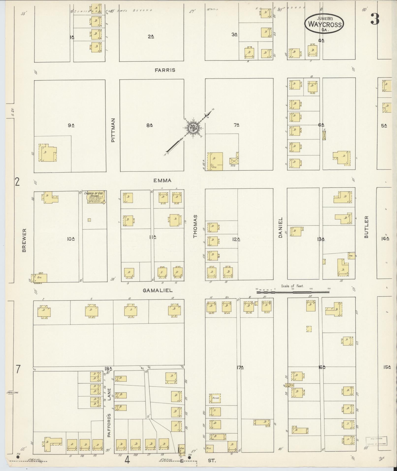 Sanborn Fire Insurance Map from Waycross, Ware County, Georgia (1913), Sheet #0003 - Historic Sanborn Fire Insurance Map Print, vintage old map wall art, antique decor, genealogy gift, Georgia Georgia map